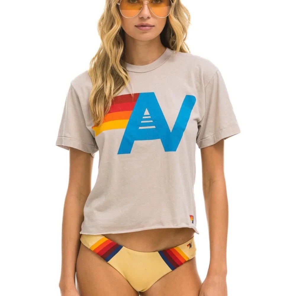 Aviator Nation Beige Tee with Blue and Red Graphic
